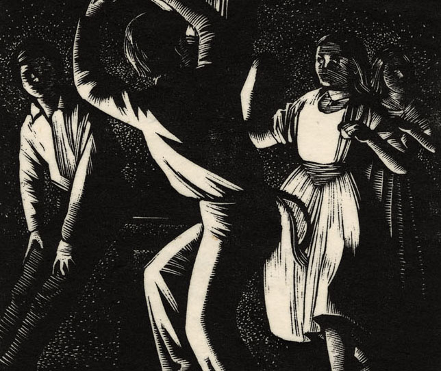 Black and white woodcut on wove paper of a man and two women energetically dancing while a second man plays the fiddle  and a third man leans against a table.